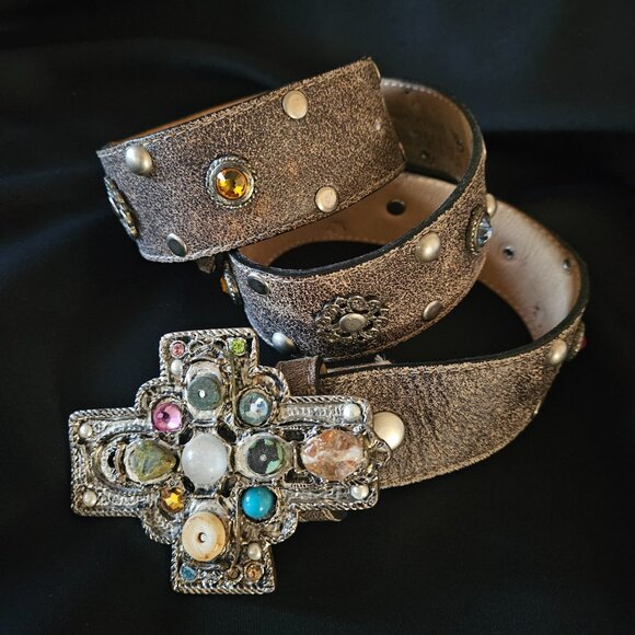 LEATHEROCK 7563 Genuine Leather Belt with Gemstone-studded buckle Sz 34 - Picture 3 of 8